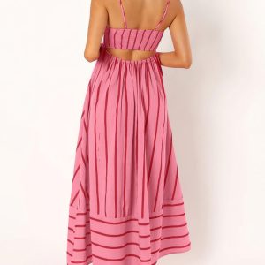 Women's Striped Back Smocked Maxi Dress Sexy Spaghetti Strap Cut Out Flowy Swing Long Dress