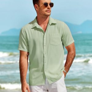 Mens Casual Short Sleeve Shirts Button Down Textured Shirts Summer Beach Shirt with Pocket