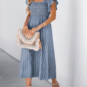 Women's Summer Dress Square Neck Striped Smocked Dress Ruffled Cap Sleeves Dress A Line Maxi Formal Dress