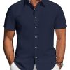 Mens Short Sleeve Button Down Shirt Stretch Business Casual Dress Shirts Solid Summer Wedding Prom Tops