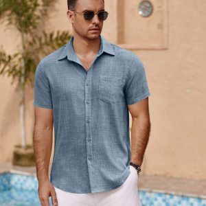 Men's Short Sleeve Button Down Shirt Casual Summer Beach Untucked Vacation Textured Shirts with Pocket
