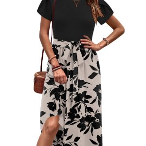 Womens Midi Dress Summer Short Sleeve Dress with Pockets 2025 Casual Floral T-Shirt Dress Flowy Beach Sundress