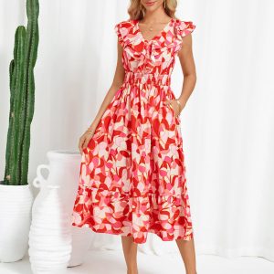 Women's Summer Dress Casual Boho Beach V Neck Smocked Waist Front Ruffle Floral Maxi Dresses with Pockets
