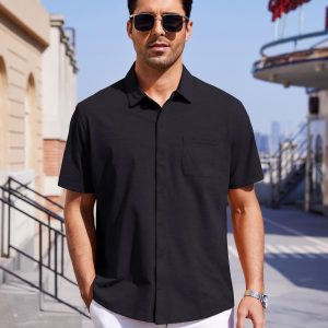 Mens Short Sleeve Dress Shirts Business Casual Button Down Shirt Summer Beach Wedding Untucked Shirts with Pocket