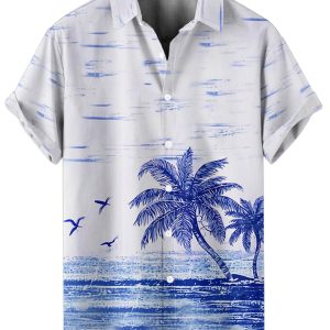 Couple Matching Hawaiian Outfits Coconut Tree Seagull Print Cami Dress or Men's Short Sleeve Button Up Shirt