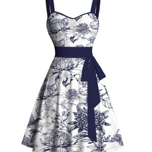 Matchable Couples' Hawaiian Outfit Porcelain Style Floral Print Men's Shirt Or Women's Belted Mini Dress