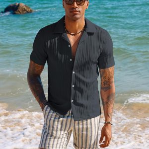 Men's Casual Button Down Shirts - Short Sleeve Summer Textured Beach Wrinkle-Free Shirts