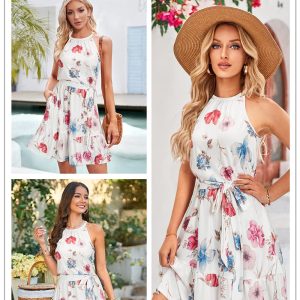Womens 2025 Summer Dress Halter Wedding Guest Casual Beach Vacation Outfits Belted Sundresses with Pockets