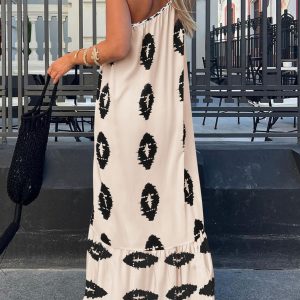 Women's Summer One Shoulder Maxi Dresses Printed Flowy Boho Beach Vacation Long Sundress