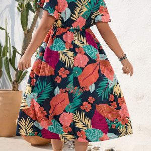 Women's Plus Size Boho Floral V Neck Short Sleeve A Line Long Dress