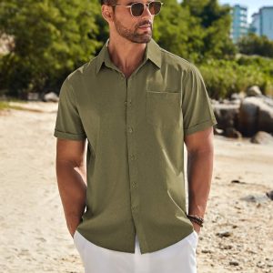 Men's Casual Button Down Shirts Short Sleeve Beach Summer Shirt Vacation Wedding Shirts with Pocket