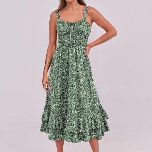Women's Smocked Maxi Dress Summer Casual Boho Sleeveless Strap Ruffle Backless Swing Flowy Beach Long Sundress