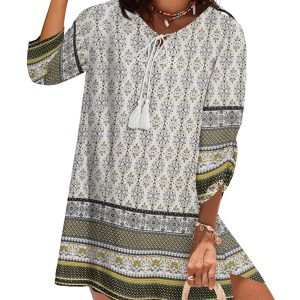 Womens Boho Dresses Casual Beach Summer Dress Tassel Tie Neck 3/4 Long Sleeve Mini Sundress 2025 Floral Print Cover Up