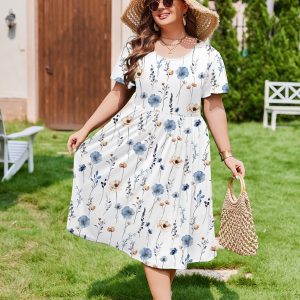 Women Plus Size Short Sleeve Dress Loose Summer Casual A-Line Flowy Midi Dresses with Pockets